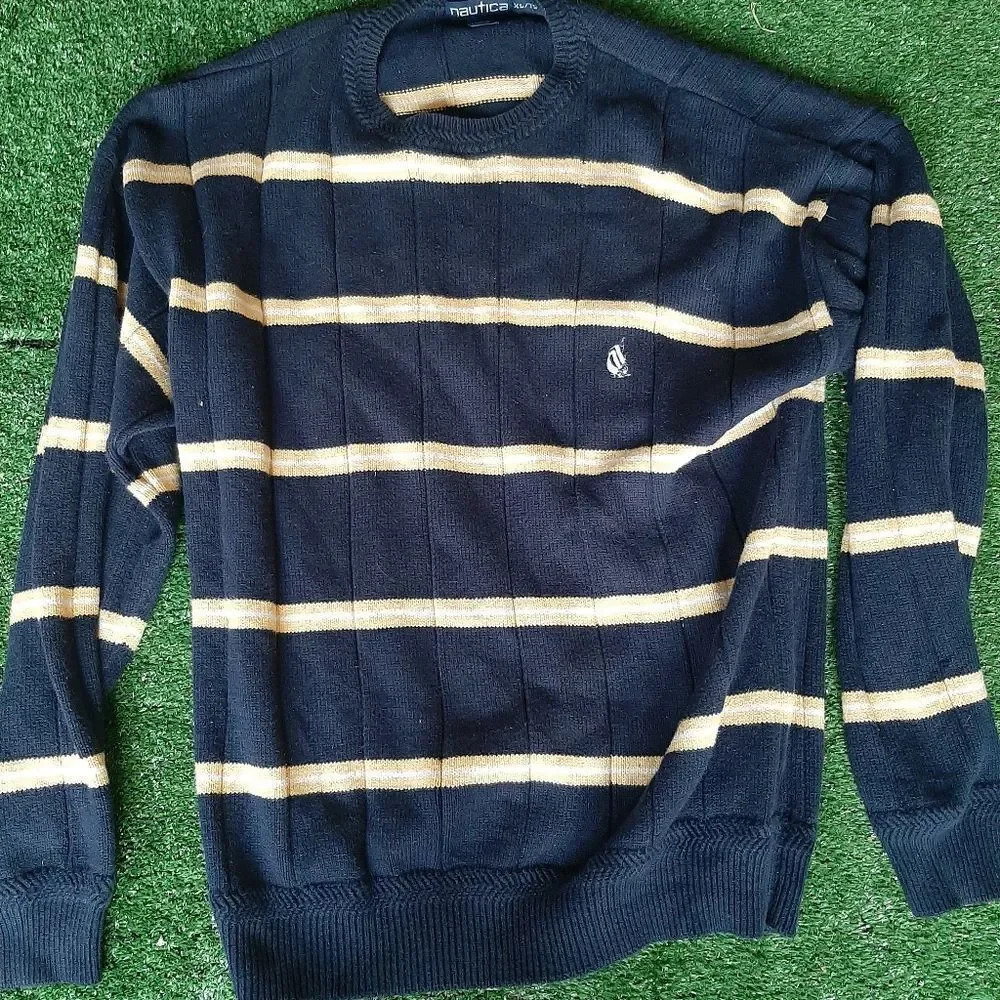 Mens Nautica Sweater Size XL Knitted Navy Yellow Winter Warm Thick Material